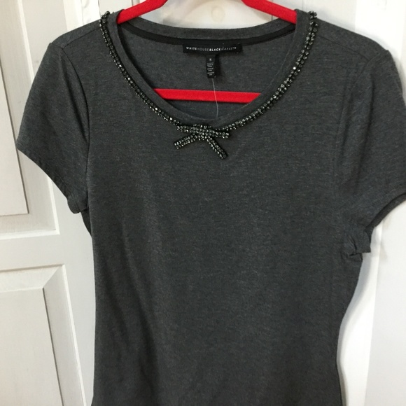 White House Black Market Gray Top w/ Rhinestone Bow Neckline NWT - Picture 9 of 13